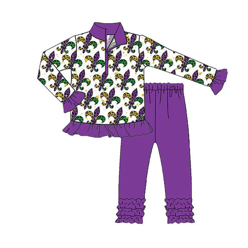 9.22 GLP2873 Baby Girls Mardigras Anchors Zipper Pullovers Ruffle Leggings Clothes Sets Preorder