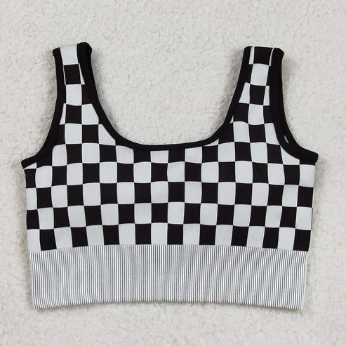 9.13 GT1189 Adult Women Black Checkered Knitted Yoga Crop Bra Tops