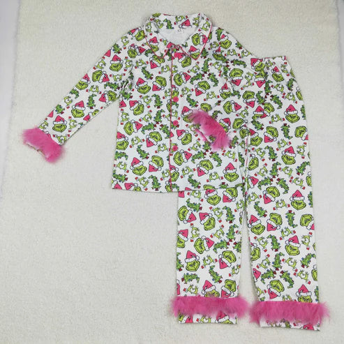 9.13 GLP2648 Adult Women Long Sleeves With Fur Green Face Button Top Pants Pajamas Set