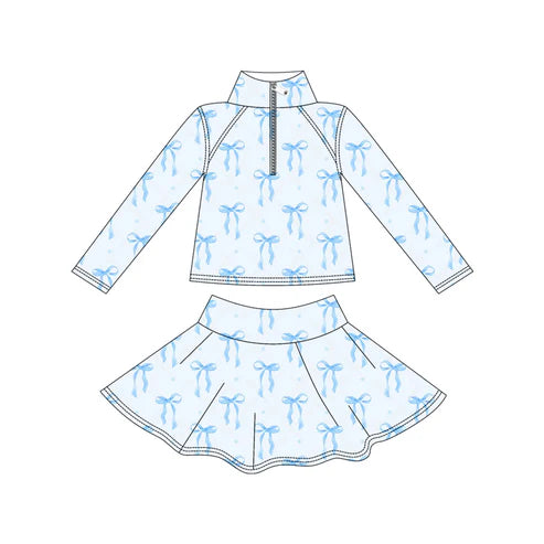 9.20 GLD1318 Baby Girls Blue Bows Hearts Yoga Zipper Pullovers Skorts Clothes Set Preorder