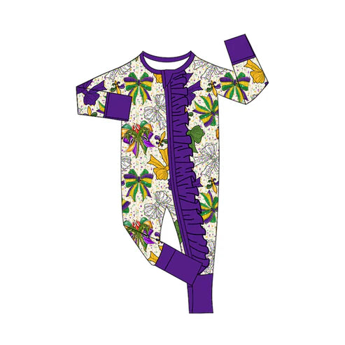 9.18 LR2650 Baby Girls Mardi Gras Anchors Bows Christmas Ruffle Zipper Footie Rompers Preorder