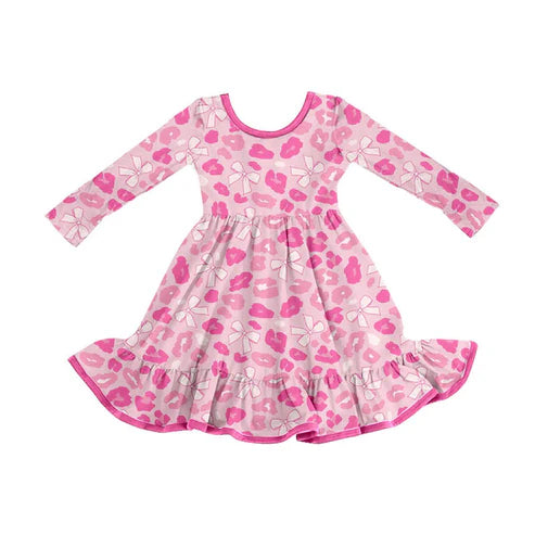 9.23 GLD1328 Baby Girls Pink Bows Leopard Ruffle Knee Length Dresses Sets Preorder
