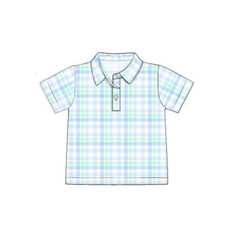 9.22 BT1365 Baby Boys Short Sleeve Blue Aqua Checked Button Polo Shirts Top Preorder
