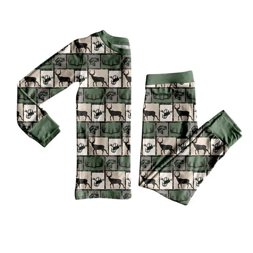 9.18 BLP1276 Baby Boys Green Deer Fishes Checked Western Hunting Pajamas Sets Preorder