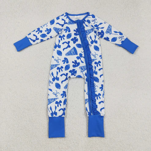 9.16 LR2511 Baby Girls Blue Bows Footballs Plaid Ruffle Zipper Team Romper