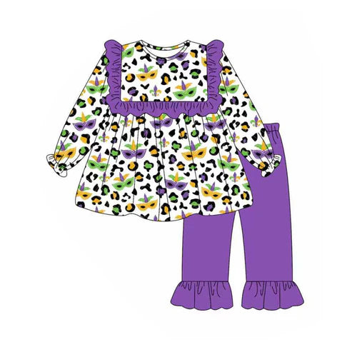 9.20 GLP2869 Baby Girls Purple Green Yellow Leopard Masks Tunic Mardigras Clothes Sets Preorder