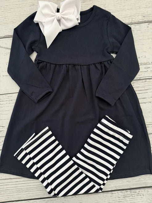 9.20 GLP2866 Baby Girls Navy Long Sleeve Tunic Stripe Leggings Clothes Sets Preorder