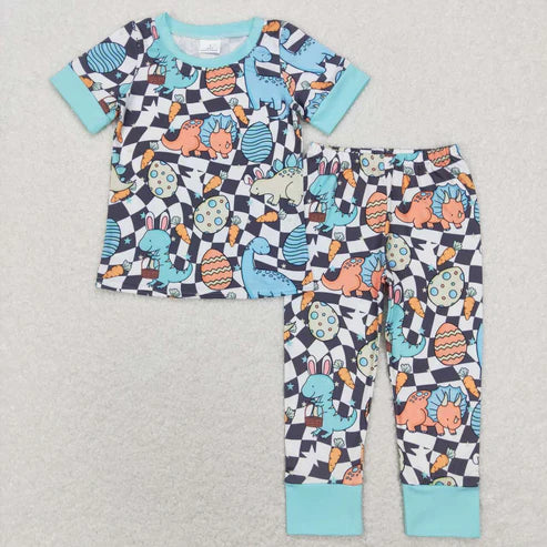9.15 BSPO0283 Dinosaur Easter Carrot Egg Black and White Plaid Short Sleeves and Trousers