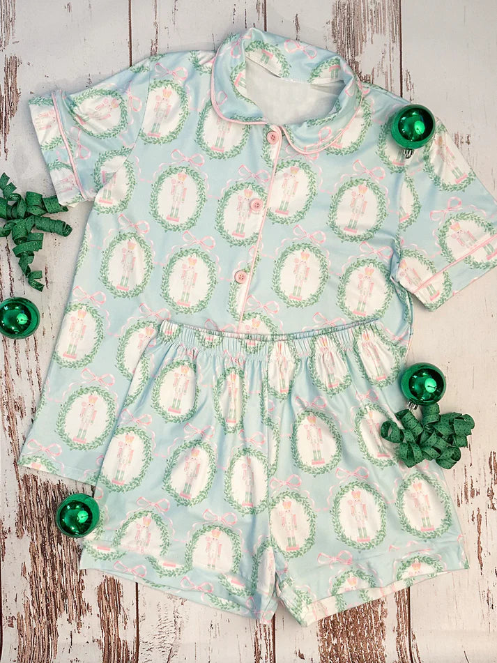 9.25 GSSO2705 Baby Girls Bows Soldiers Checked Button Top Shorts Christmas Pajamas Sets Preorder