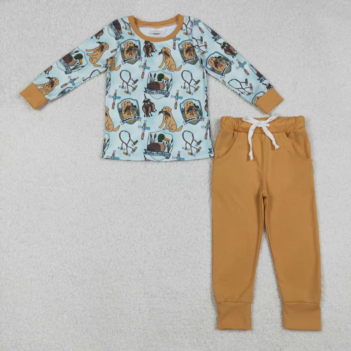 9.25 BLP1177 Baby Boys Long Sleeves Dogs Ducks Plaid Top Pockets Pant Set
