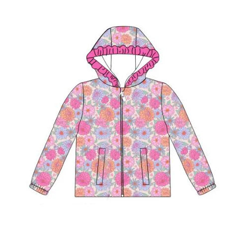 9.22 GT1230 Baby Girls Hot Pink Flowers Pockets Zipper Ruffle Hoodies Top Preorder