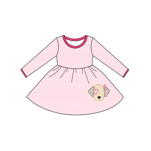 9.18 GLD1298 Baby Girls Pink Stripe Heart Dog Valentine Knee Length Dress Preorder