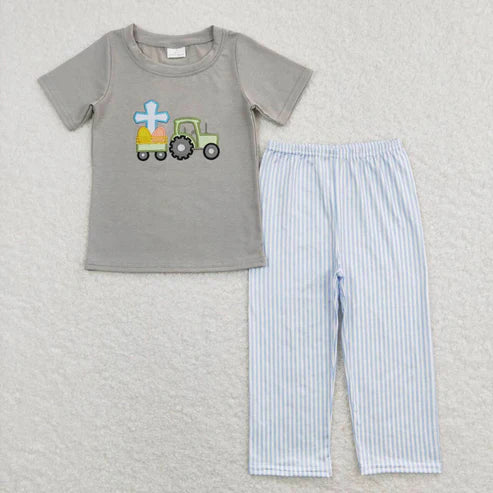 9.16 BSPO0194 Embroidery Cross Tractor Gray Short Sleeve Blue and White Pants Suit