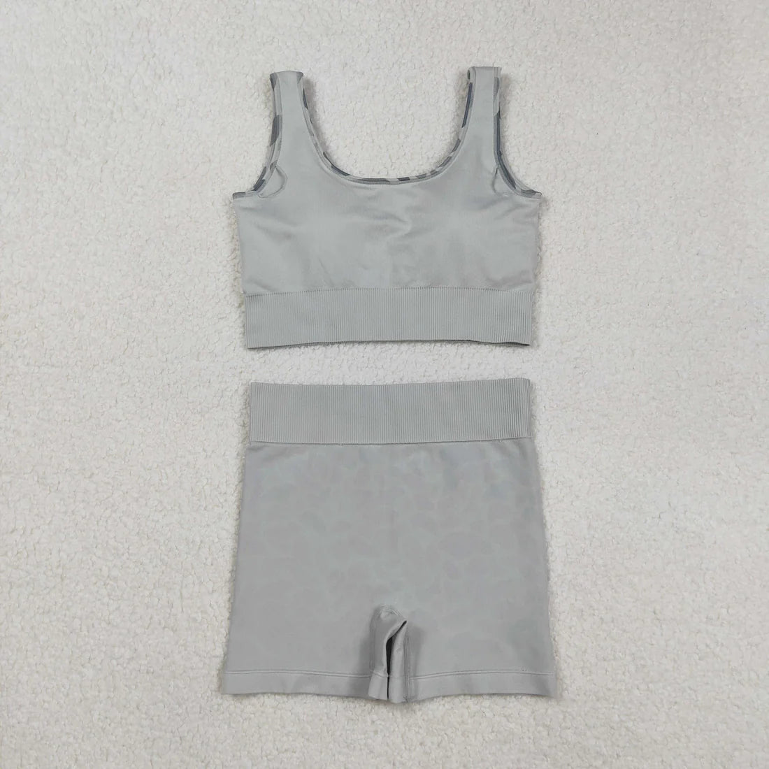 9.13 GT1186+SS0643 Adult Women Grey Camo Crop Bra Top Shorts Yoga Outfits Set