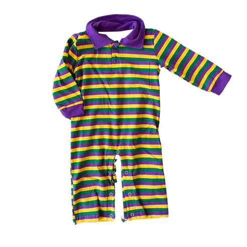 9.22 LR2679 Baby Girls Purple Yellow Green Stripe Button Mardigras Footie Romper Preorder