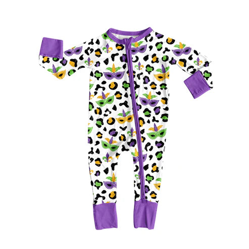 9.20 LR2676 Baby Boys Purple Yellow Green Leopard Masks Mardi Gras Zipper Footie Rompers Preorder