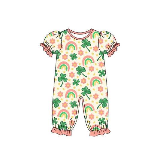 9.25 SR3225 Baby Girls Clovers Flowers St Patrick Ruffle Footie Rompers Preorder