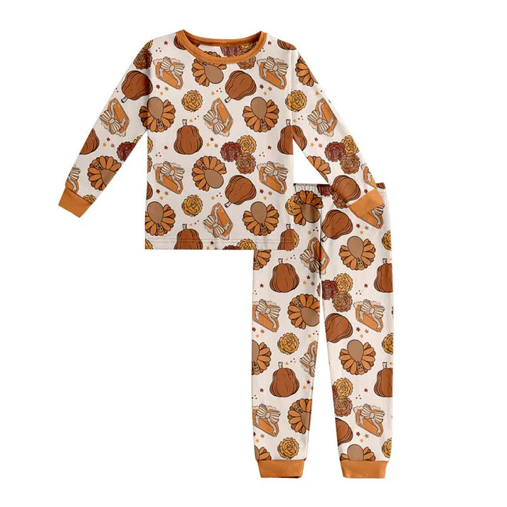 9.25 GLP2884 Baby Girls Pie Turkey Pumpkins Top Pant Thanksgiving Pajamas Sets Preorder