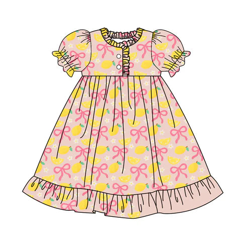 9.23 GSD2812 Baby Girls Bows Lemons Flowers Button Ruffle Knee Length Dresses Preorder