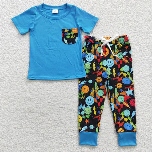 9.16 BSPO0131 Stars Lightning Smiley blue black short sleeve pants suit