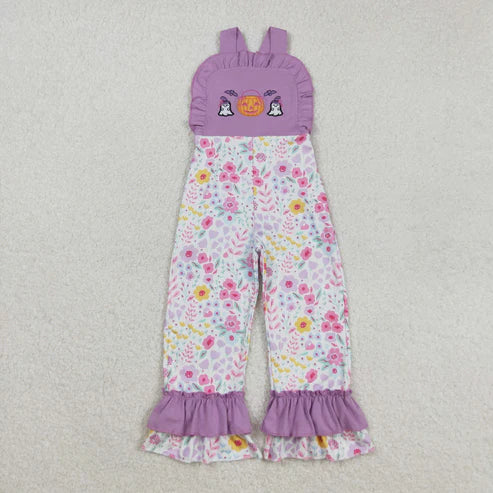 9.17 SR3177 Embroidery Baby Girls Lavender Strap Ghost Pumpkins Floral Ruffle Pant Jumpsuit