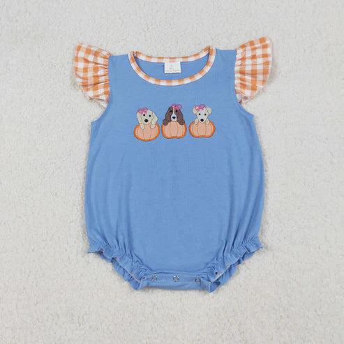 9.16 SR3191 Embroidery Baby Girls Flutter Sleeves Dogs Pumpkins Ruffle Romper
