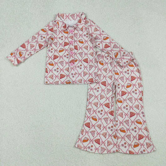 9.25 GLP2738 Baby Girls Pink Bows Flowers Plaid Button Top Pant Fall Pajamas Set