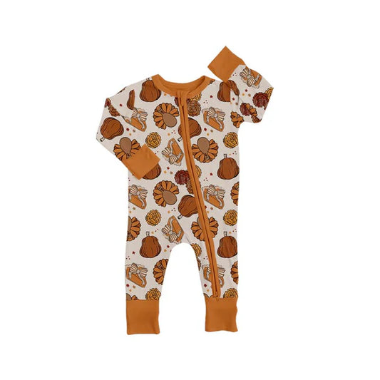9.25 LR2690 Baby Boys Pie Turkey Pumpkins Thanksgiving Zipper Footie Rompers Preorder