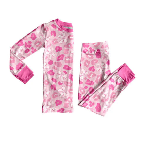 9.23 GLP2882 Baby Girls Pink Bows Leopard Top Pant Pajamas Sets Preorder