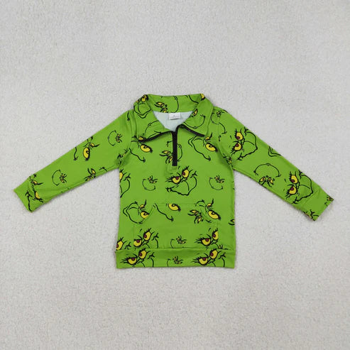 9.24 GT1170 Baby Girls Green Face Plaid Pockets Zipper Christmas Pullovers Top