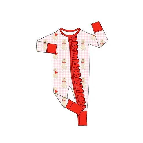 9.22 LR2681 Baby Girls Pink Checked Dogs Hearts Valentine Ruffle Zipper Footie Romper Preorder