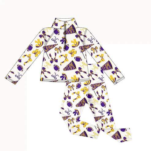 9.20 GLP2762 Baby Girls Purple Bows Footballs Go Teams Pockets Zip Pullovers Leggings Team Yoga Set