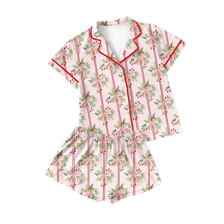 9.25 GSSO2707 Baby Girls Pink Bows Holly Stripe Button Top Shorts Christmas Pajamas Sets Preorder