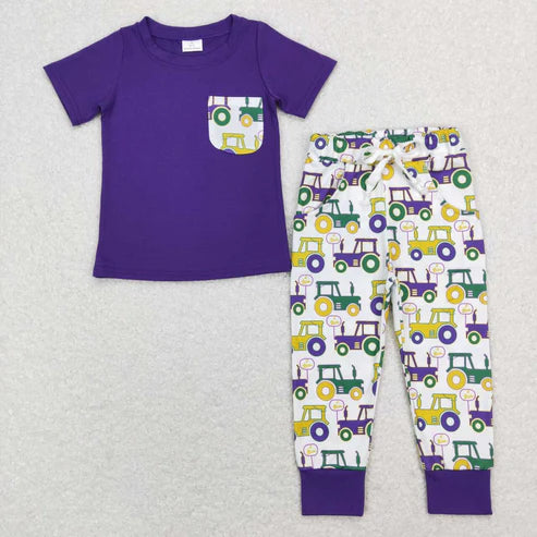 9.15 BSPO0278 purple-yellow-green tractor pocket short sleeve pant suit