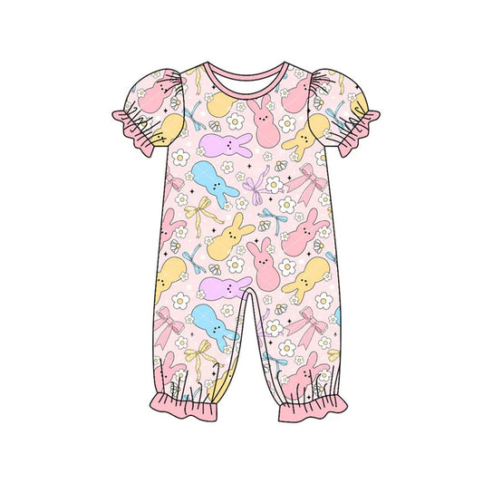 9.25  SR3226 Baby Girls Colorful Flowers Rabbits Easter Ruffle Footie Rompers Preorder