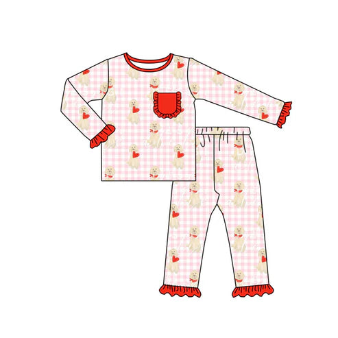 9.22 GLP2880 Baby Girls Pink Checked Dogs Hearts Pockets Ruffle Pants Valentine Pajamas Sets Preorder