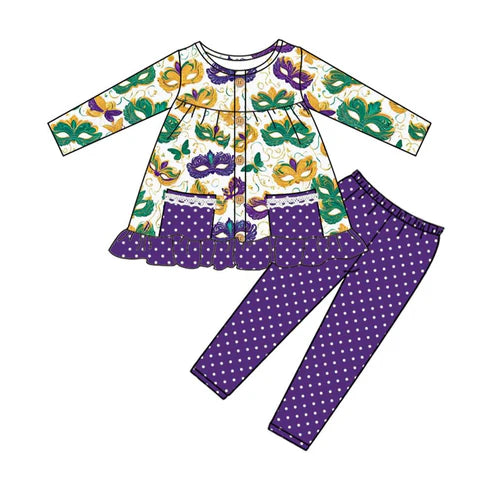 9.17 GLP2821 Baby Girls Mardi Gras Masks Button Pockets Tunic Leggings Clothes Sets Preorder