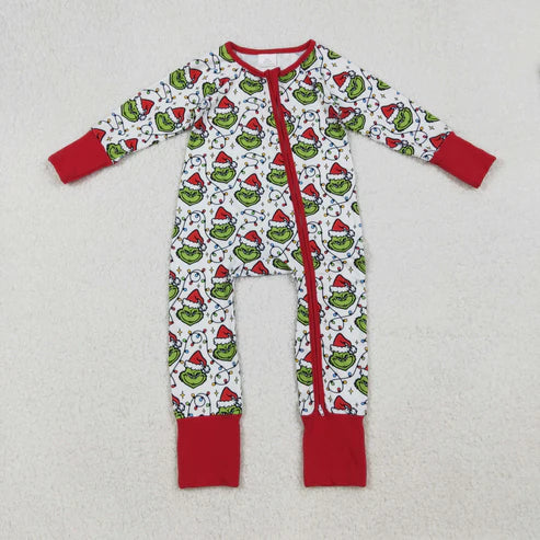 9.24 LR2574 Baby Boys Christmas Lights Green Face Plaid Zipper Footie Romper