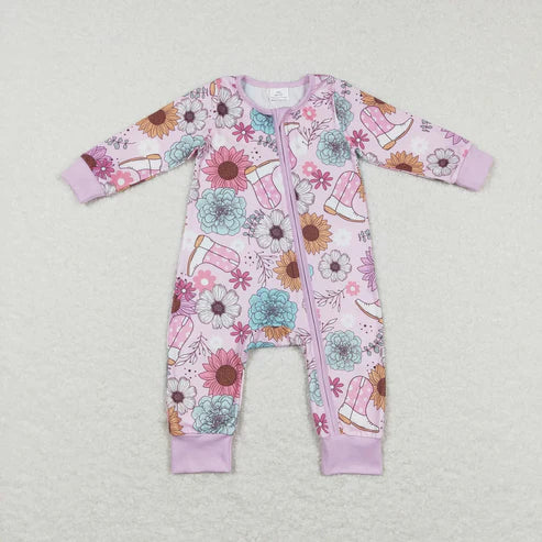 9.20 Sibling Baby Girls Lavender Pink Flowers Boots Top Pants Pajamas Sets Zipper Rompers
