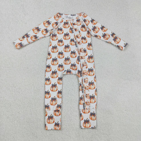 9.17 LR2557 Baby Boys Bows Pumpkins Fall Zipper Footie Romper