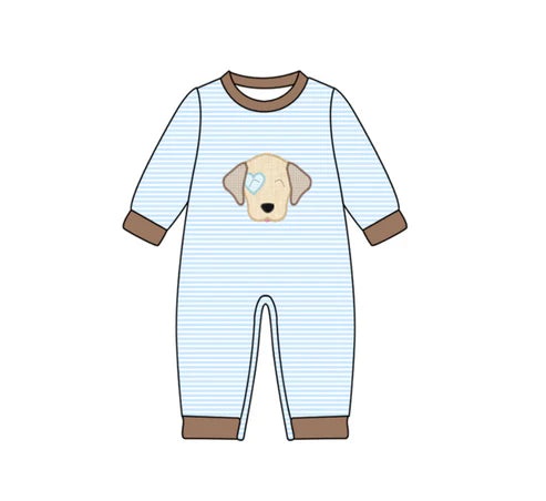 9.18  LR2659 Baby Boys Blue Stripe Heart Dog Valentine Footie Rompers Preorder