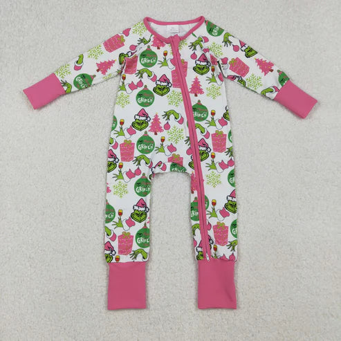 9.24 LR2588 Baby Girls Green Face Gifts Christmas Zipper Footie Romper
