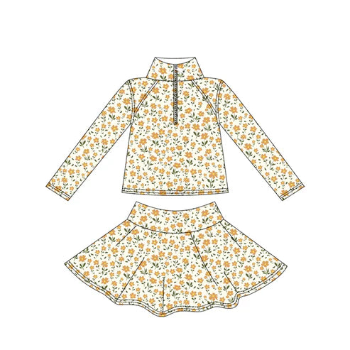 9.20 GLD1312 Baby Girls Yellow Flowers Yoga Zipper Pullovers Skorts Clothes Set Preorder