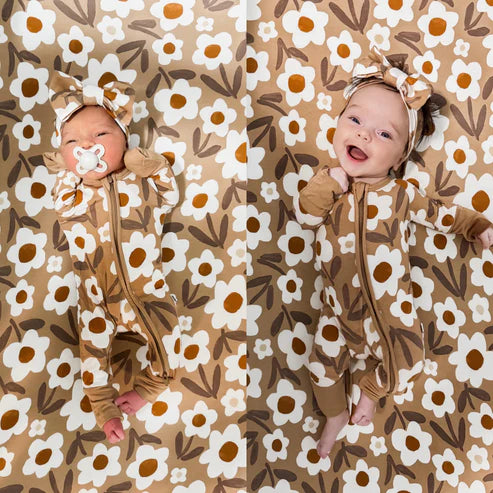 9.22 LR2682 Baby Girls Brown Long Sleeve Flowers Zipper Footie Romper Preorder
