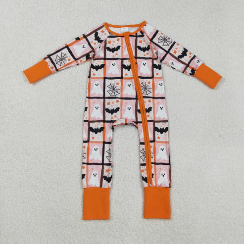 9.17 LR2539 Baby Boys Ghosts Bats Plaid Halloween Zipper Footie Romper