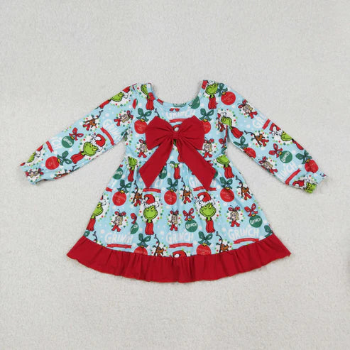 9.16 GLD1269 Baby Girls Christmas Green Face Bows Holly Ruffle Knee Length Dress
