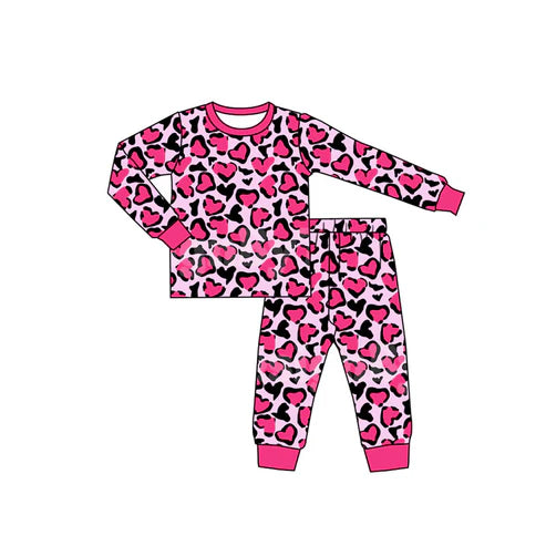 9.17 GLP2825 Baby Girls Hot Pink Black Hearts Leopard Valentine Pajamas Sets Preorder