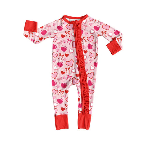 9.18 LR2655 Baby Girls Pink Hearts Bows Valentine Ruffle Zipper Footie Rompers Preorder
