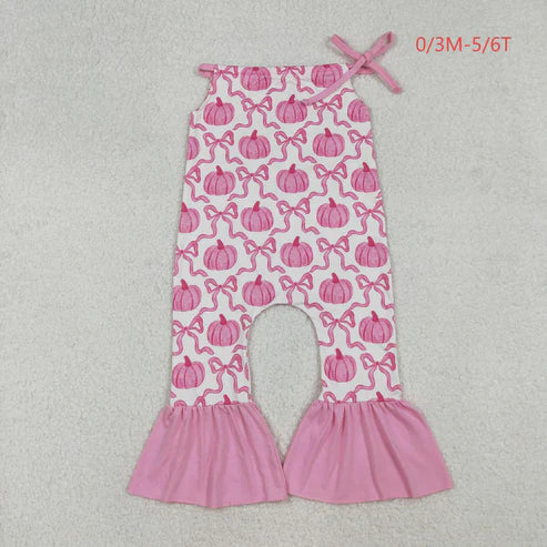 9.17 SR3200 Baby Girls Pink Strap Bows Pumpkins Plaid Bell Bottom Fall Jumpsuit