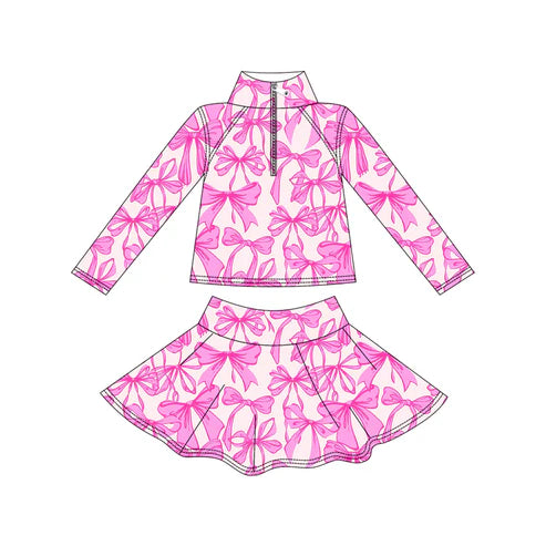9.20 GLD1315 Baby Girls Hot Pink Bows Yoga Zipper Pullovers Skorts Clothes Set Preorder